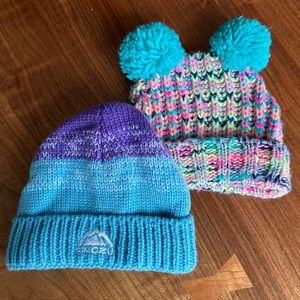 Bundle Of Two Toddler Beanies: Purple and Teal Snozu and Double Pom Mult…
